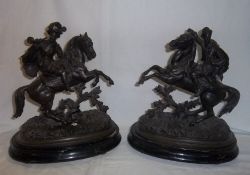 Pr Marley horse spelter figurines on oval ebonised bases