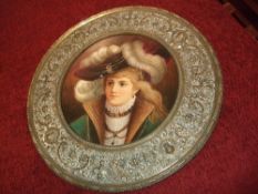 Continental brass charger with central painted female portrait