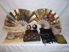 Beaded bag, velvet bag, leather wallet, jewellery box, 2 fans, 2 Oriental circular dolls & faux