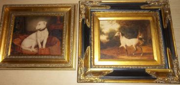 Gilt framed oil effect print depicting a dog size approx. 24cm x 19.5cm & framed canvas style