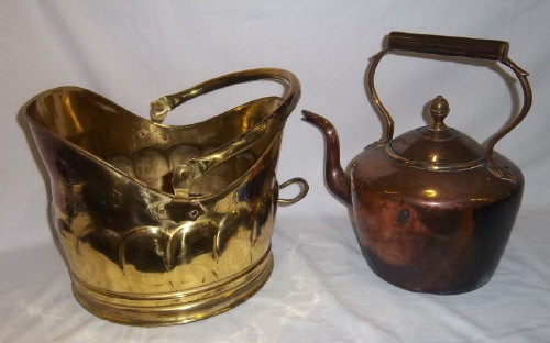 Brass coal bucket & copper kettle