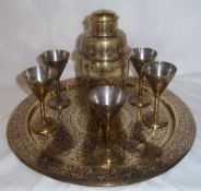 Brass tray with matching cocktail shaker & 5 cocktail cups