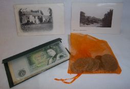 Sel. bank notes & coins inc. Vict. crown & 2 local postcards