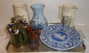 Torquay teapot, 2 Dresden `Pomegranate` jugs, Falcon ware vase with blue bird dec., blue & white