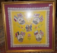 Framed silk & lace handkerchief embroidered `Souvenir Egypt` 1915