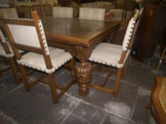 Set 6 17th c. style oak dining chairs with upholstered seats & carved legs & matching carved oak