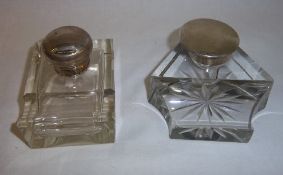 2 glass inkwells with silver lids Birm. 1914  Lon. 1920