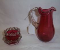 Cranberry glass jug with clear glass handle & sm. cranberry glass dish with clear glass prunts