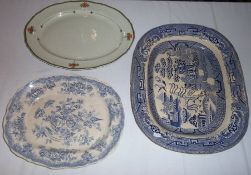 2 blue & white meat plates & 1 other