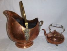 Copper coal scuttle & copper kettle