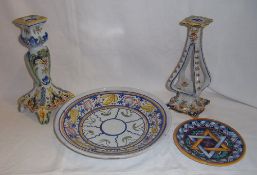 2 faience candlesticks, Continental stoneware plate & sm. majolica style plate
