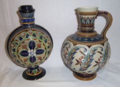 Lt. 19th/20th c. earthenware moon flask with applied flower heads & Mettlach stoneware jug with