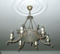 Art Nouveau style ceiling light with etched glass bowl & 6 decorative branches with faux candle