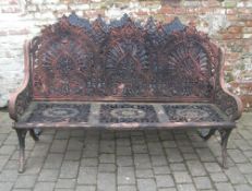 Cast iron garden bench in the Coalbrookdale style with Gothic triple arch back rest width approx. 1m