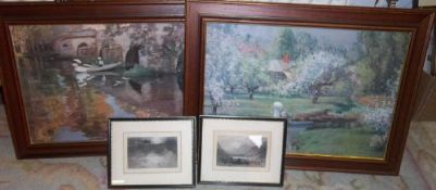 2 framed Impressionist prints & 2 sm. framed steel engravings `Blea Tarn, Westmorland` & `Second