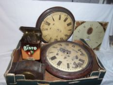 Box clock parts inc. clock face, long case clock works, sm. oak clock etc.