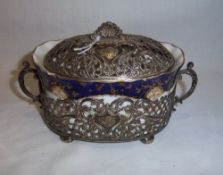 Coalport dish in silver pierced basket with silver lid Sheff. 1913