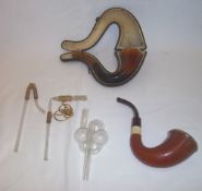 Cased pipe with silver mounts & amber mouthpiece, pipe with amber mouthpiece & sel. glass pipes