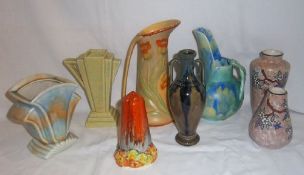 Pr vases with hand-painted bird & flower patterns signed A. Dubois, Melba Ware jug with poppy dec.