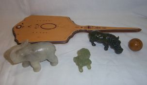 Pyramid hand mirror with decorative back, jade dragon, carved elephant, hippo etc.