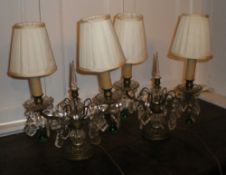Pr gilt metal table lamps with clear glass lustres & green glass baubles