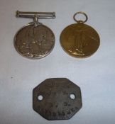 WWI war medal & WWI Victory medal to SPR. H Bellamy 208364 & name tag to H. Bellamy 208364