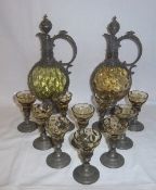 Pr of Continental pewter & dimpled glass decanters & 10 matching glasses