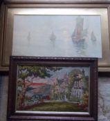 Gilt framed watercolour depicting sailing boats, pr framed prints depicting Continental river