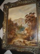 Gilt framed oil on canvas depicting man fishing signed C. Grimani 19?? size approx. 39cm x 49cm