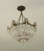 Gilt metal bag chandelier hung with cut glass prisms & swags