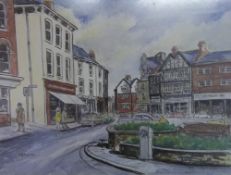 Framed watercolour depicting Grimsby Market Place size approx. 36.5cm x 27.5cm by L Johnson