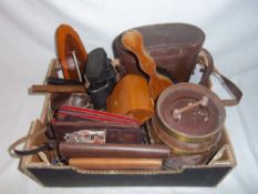 Sel. collectables inc. binoculars, leather wallets, thermometers, wooden ice bucket, light meter