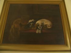 Lg. gilt framed oil on canvas depicting 2 King Charles spaniels after Landseer