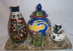 Lidded pot in the Clarice Cliff style, sm. squat two handled jug & vase with floral dec.