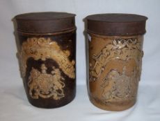Pr 19th c. saltglaze stoneware drug jars with Japanned lids c.1830-40 ht approx. 25.5cm