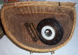 Cane fishing basket, brass letter box cover, barometer etc.