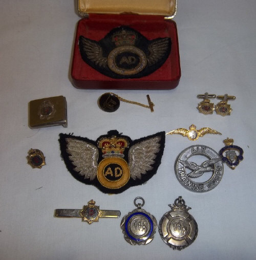 2 silver fobs, RAF sweetheart brooch, sel. cufflinks, badges etc.