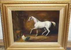 Gilt framed oil on canvas depicting a horse & chicken size approx. 44cm x 34cm