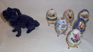 Continental porcelain dog & set of 6 egg trinket pots with gilt dec.