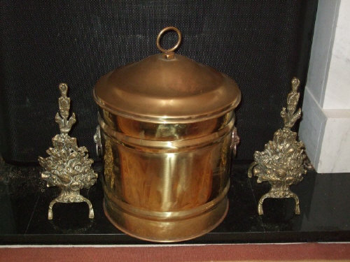 Copper coal bucket & pr brass andirons