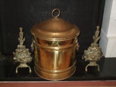 Copper coal bucket & pr brass andirons