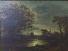 19th c. gilt framed oil on canvas depicting country scene, the frame entitled "John Crome Born