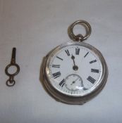 Silver open face pocket watch & key