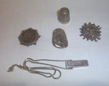 Sel. silver brooches, silver ingot pendant on silver chain & silver thimble