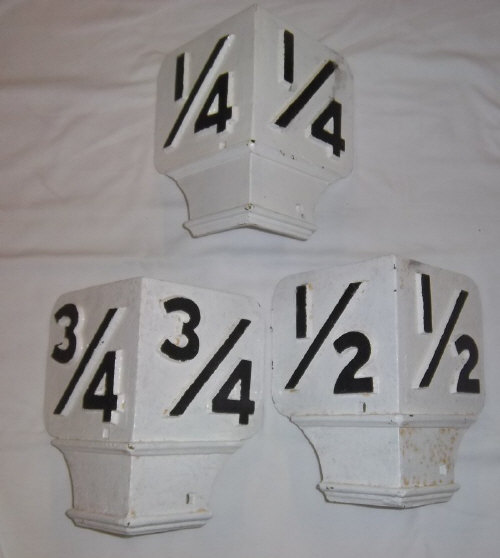 Set 3 cast iron railway mile markers 1/4, 1/2 & 3/4