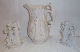 Bisque jug with greyhound handle & 2 bisque spill vases