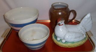 T.G Green Cornish Ware mixing bowl  & sm. bowl, Staffordshire chicken crock & saltglaze tankard