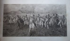 Framed black & white print `Scotland For Ever` `The Charge Of The Scots Greys At Waterloo` after