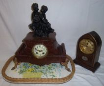 Marble mantel clock & sm. mah. mantel clock with brass inlay