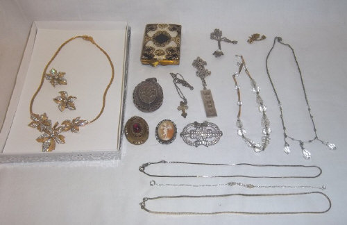 Silver locket, silver ingot pendant on silver chain, silver crucifix on chain, silver chains, sm.